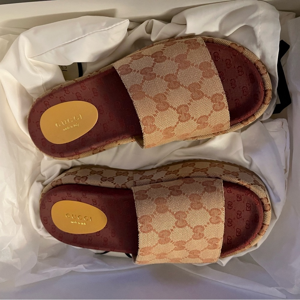 Brown Gucci platform slides